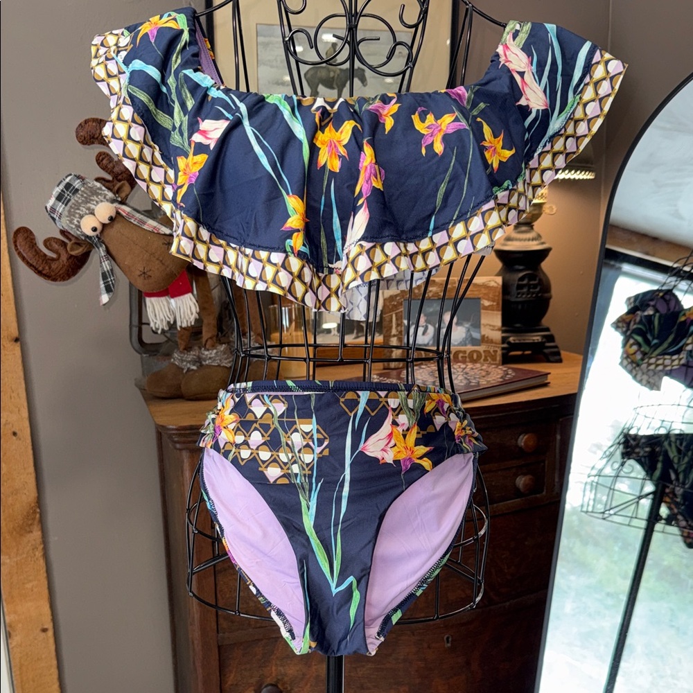 Trina Turk Navy Floral Off-Shoulder Bikini with Lilac Lining - Picture 5 of 8
